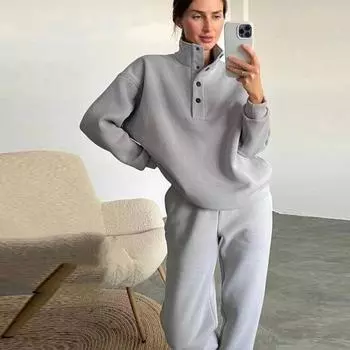 Женские повседневные свободные однотонные толстовки с капюшоном, комплекты из двух частей, с длинным рукавом, воротником-стойкой, пуловер на пуговицах, прямые спортивные штаны, спортивный костюм S абрикосовый