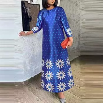 Женские повседневные свободные платья больших размеров с круглым вырезом и длинным рукавом с цветочным принтом M оранжевый