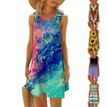 Женские повседневные свободные платья длиной до колена с круглым вырезом и короткими рукавами больших размеров L синий