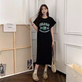 Женские повседневные свободные платья-футболки с буквенным принтом длиной до колена M чёрный
