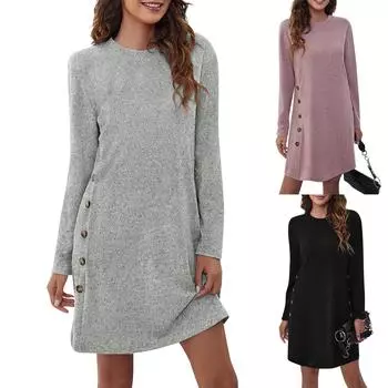 Женские повседневные свободные платья с длинным рукавом и круглым вырезом на пуговицах L чёрный