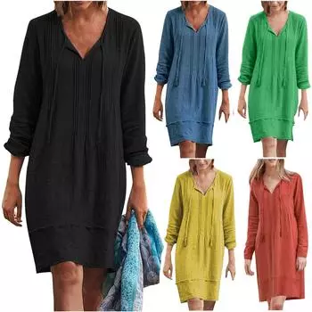 Женские повседневные свободные платья с V-образным вырезом и длинным рукавом на шнуровке Элегантные свободные платья S зелёный