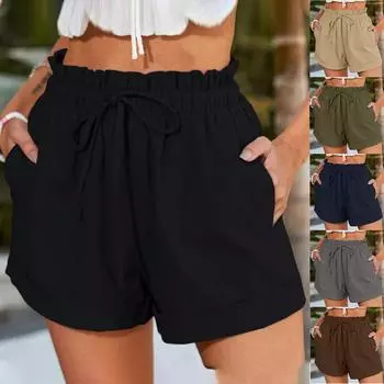 Женские повседневные свободные плиссированные эластичные пояса с высокой талией, хлопковые льняные шорты, женские шорты