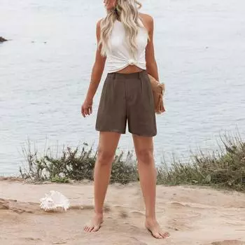 Женские повседневные свободные пляжные брюки, однотонные шорты с карманами L кофейный