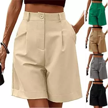 Женские повседневные свободные пляжные брюки, однотонные свободные повседневные пятые брюки с высокой талией и карманами L бежевый