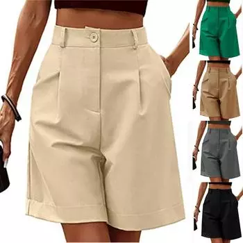 Женские повседневные свободные пляжные брюки, однотонные свободные повседневные пятые брюки с высокой талией и карманами M бежевый