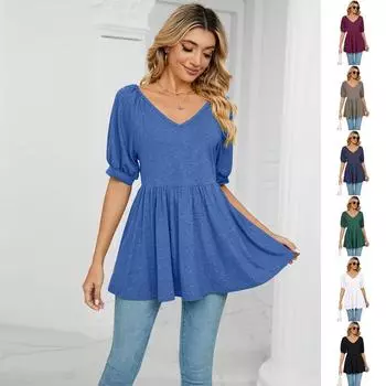 Женские повседневные свободные рубашки с короткими рукавами, однотонные плиссированные туники, топы с V-образным вырезом, женские блузки-пуловеры S чёрный