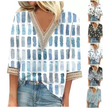 Женские повседневные свободные рубашки с кружевной отделкой и V-образным вырезом Топы с принтом Футболки Футболки L синий