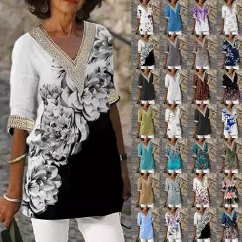 Женские повседневные свободные рубашки с кружевной отделкой, топы с V-образным вырезом, топы с принтом, футболки, футболки L красный