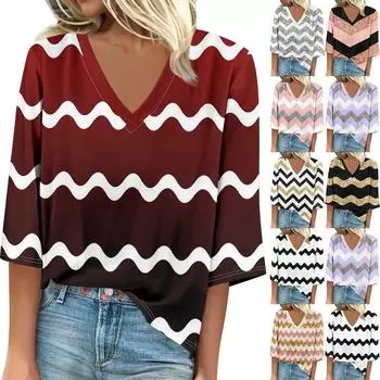 Женские повседневные свободные рубашки с кружевной отделкой и V-образным вырезом Топы с принтом Футболки Футболки XXL фиолетовый