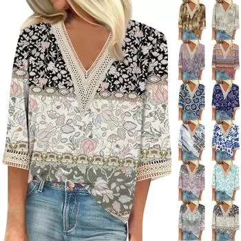 Женские повседневные свободные рубашки с кружевной отделкой и V-образным вырезом Топы с принтом Футболки Футболки L чёрный