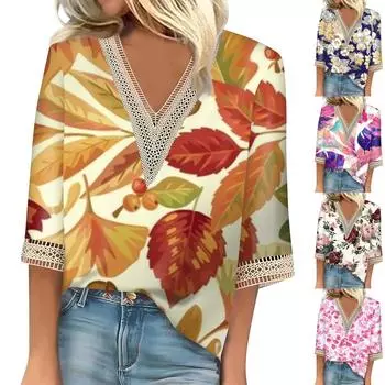 Женские повседневные свободные рубашки с кружевной отделкой и V-образным вырезом Топы с принтом Футболки Футболки S