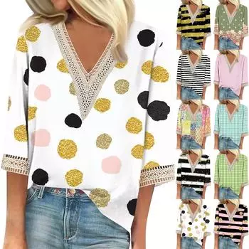 Женские повседневные свободные рубашки с кружевной отделкой и V-образным вырезом Топы с принтом Футболки Футболки L