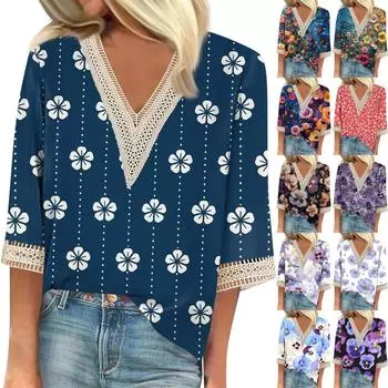 Женские повседневные свободные рубашки с кружевной отделкой и V-образным вырезом Топы с принтом Футболки Футболки L синий