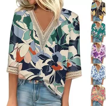 Женские повседневные свободные рубашки с кружевной отделкой и V-образным вырезом Топы с принтом Футболки Футболки M