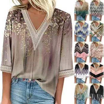 Женские повседневные свободные рубашки с кружевной отделкой и V-образным вырезом Топы с принтом Футболки Футболки M чёрный