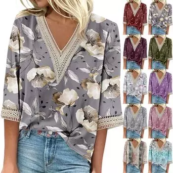Женские повседневные свободные рубашки с кружевной отделкой и V-образным вырезом Топы с принтом Футболки Футболки S