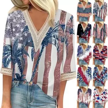 Женские повседневные свободные рубашки с кружевной отделкой и V-образным вырезом Топы с принтом Футболки Футболки L темно-синий