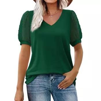 Женские повседневные свободные рубашки с v-образным вырезом и короткими рукавами, топы с пышными рукавами, футболки S зелёный