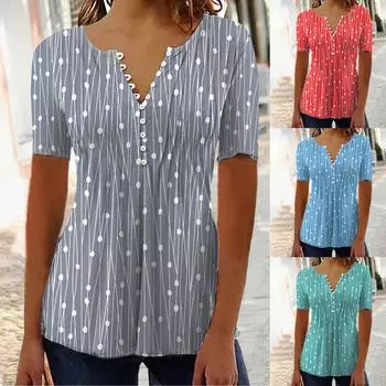 Женские повседневные свободные рубашки с v-образным вырезом и короткими рукавами, модные топы с принтом в горошек, футболки L синий