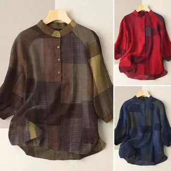 Женские повседневные свободные рубашки с v-образным вырезом и рукавами 3/4, клетчатые льняные топы, футболки, футболки L синий