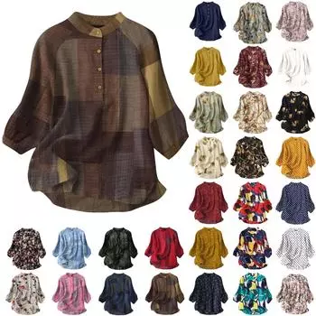 Женские повседневные свободные рубашки с v-образным вырезом и рукавами 3/4 с принтом льняные топы футболки футболка