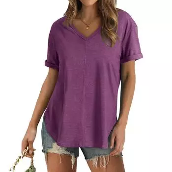 Женские повседневные свободные рубашки с V-образным вырезом и коротким рукавом, модные топы, футболки L фиолетовый
