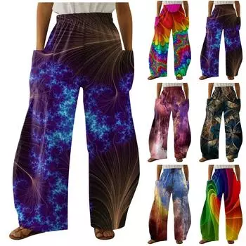 Женские повседневные свободные широкие брюки большого размера с прямыми штанинами и принтом M зелёный