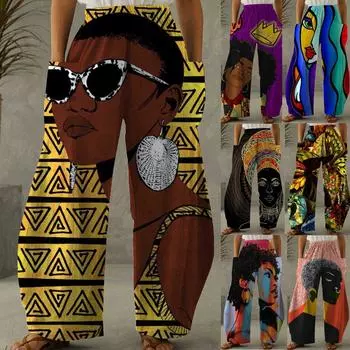 Женские повседневные свободные широкие брюки большого размера с прямыми штанинами и принтом XXXL синий