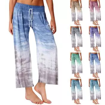 Женские повседневные свободные широкие брюки с градиентом и принтом для йоги, спортивные длинные брюки с широкими штанинами L синий