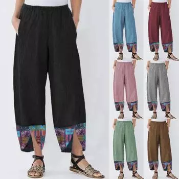 Женские повседневные свободные широкие брюки с нерегулярным эластичным поясом и принтом из хлопка и льна XXL чёрный
