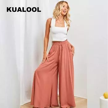 Женские повседневные свободные широкие брюки с поясом из бумажного пакета на весну и лето S белый