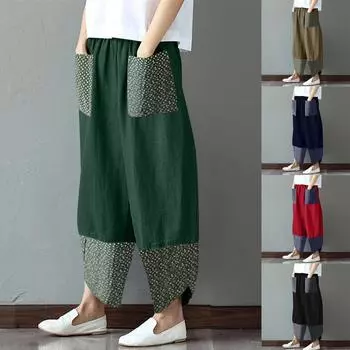 Женские повседневные свободные широкие брюки с принтом из хлопка и льна в стиле пэчворк нерегулярной формы XXXXL чёрный