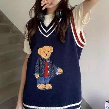Женские повседневные свободные свитера с милым медведем, японский сладкий вязаный свитер, жилет без рукавов, зимняя мода, свободные пуловеры, жилеты 29167 M темно-синий