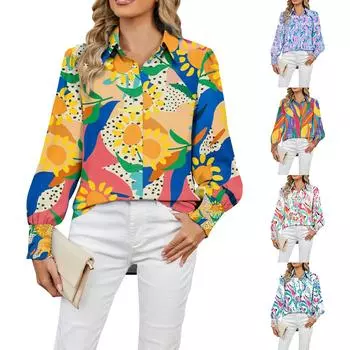 Женские повседневные свободные топы с длинными рукавами и принтом, рубашки-топы с отложным воротником L синий