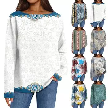 Женские повседневные свободные топы с круглым вырезом и длинными рукавами с принтом XXL красный