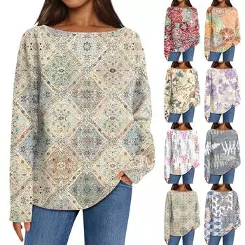 Женские повседневные свободные топы с круглым вырезом и длинными рукавами с принтом M белый