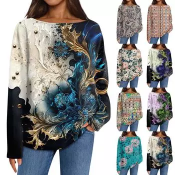 Женские повседневные свободные топы с круглым вырезом и длинными рукавами с принтом S