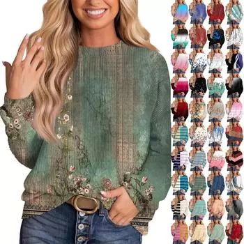 Женские повседневные свободные туники, топы с круглым вырезом, трикотажные ребристые рубашки с принтом, длинный рукав, пуловер, топ L армия зеленый