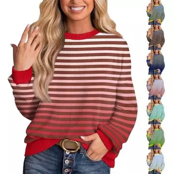 Женские повседневные свободные туники, топы с круглым вырезом, трикотажные ребристые рубашки с принтом, длинный рукав, пуловер, топ L синий