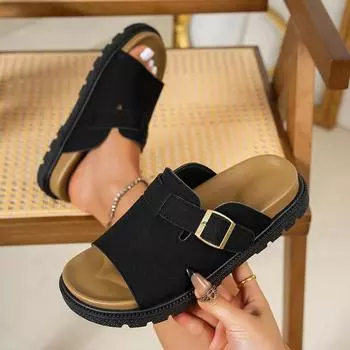 Женские повседневные тапочки с открытым носком из пробки, весна-лето, сандалии на плоской подошве с металлической пряжкой, женская модная нескользящая пляжная обувь из искусственной замши 35