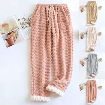 Женские повседневные теплые фланелевые домашние брюки с высокой талией и регулируемым кроем L синий