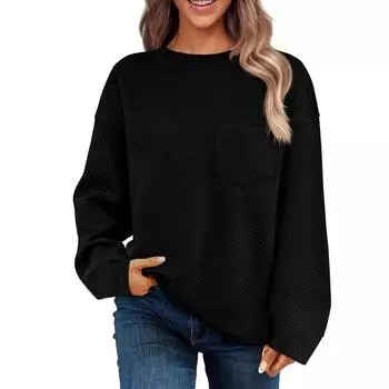 Женские повседневные текстурированные толстовки осень-зима с длинным рукавом с заниженной линией плеча пуловеры с карманом M чёрный