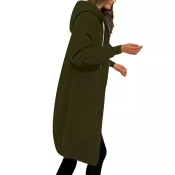 Женские повседневные толстовки на молнии, длинная толстовка-туника, зимняя ветрозащитная куртка с капюшоном на шнурке, верхняя одежда с карманами L армия зеленый