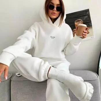 Женские повседневные толстовки с буквенным принтом, спортивный костюм, осенне-зимний теплый флисовый свитшот с капюшоном, длинные брюки, комплекты из двух предметов S чёрный