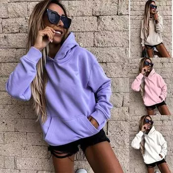 Женские повседневные толстовки с длинным рукавом, однотонные, легкие, пуловеры, свободные толстовки с карманами, большие толстовки с капюшоном, повседневные, уютные S белый
