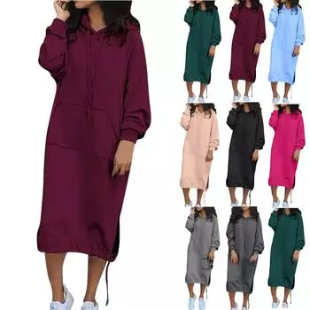 Женские повседневные толстовки с капюшоном и длинными рукавами, пуловер с боковой комбинацией, платье с карманом L чёрный