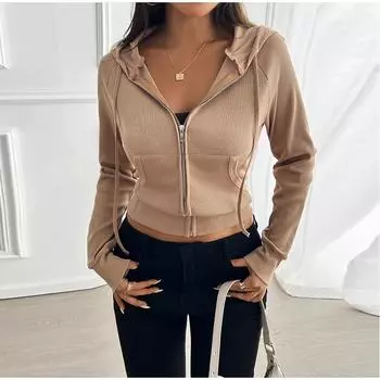 Женские повседневные толстовки с капюшоном и завязками на шнурке, тонкое однотонное пальто на молнии S темно-серого