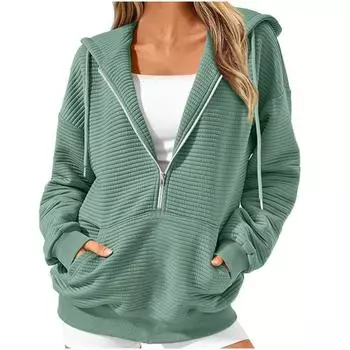 Женские повседневные толстовки с капюшоном на молнии, модные трендовые фактурные топы с длинным рукавом, куртки M армия зеленый