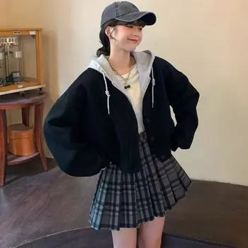 Женские повседневные толстовки с капюшоном, осенние хлопковые поддельные двойные толстовки на молнии, большие толстовки в стиле Харадзюку, короткие куртки с капюшоном и длинными рукавами, пальто XXXL